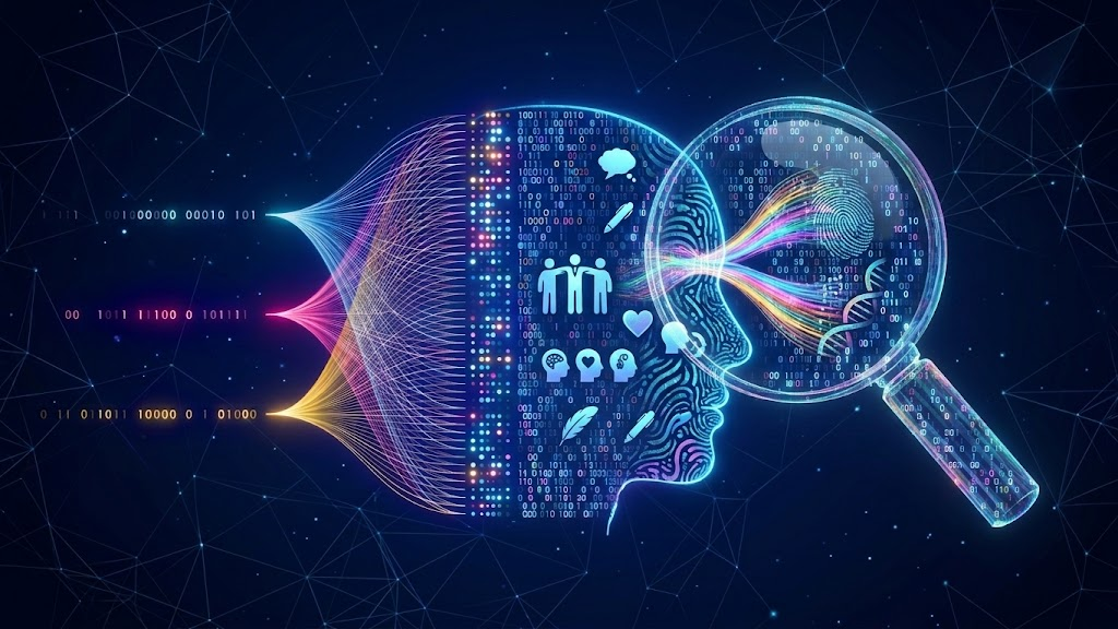 Conceptual illustration of AI processing data into human-like reasoning, identity, and insight