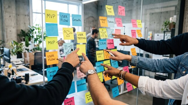 Team collaborating on sticky notes covering MVP, scrum, user flow, and growth planning