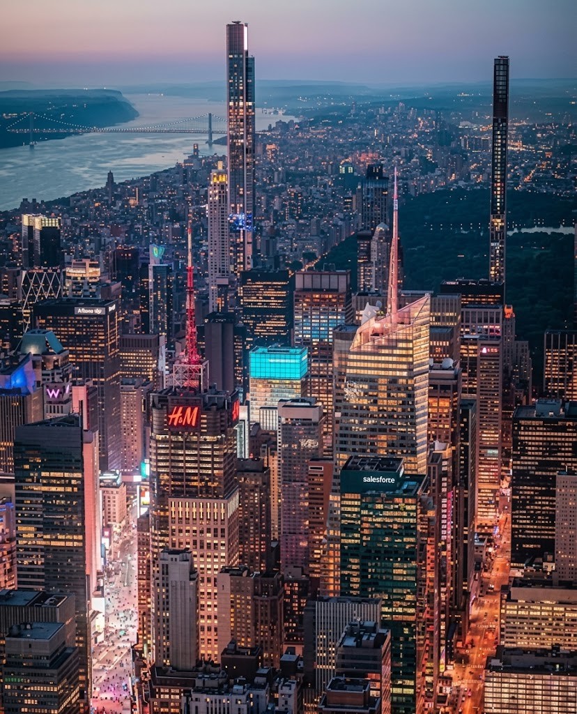 New York City skyline at night looking toward Central Park