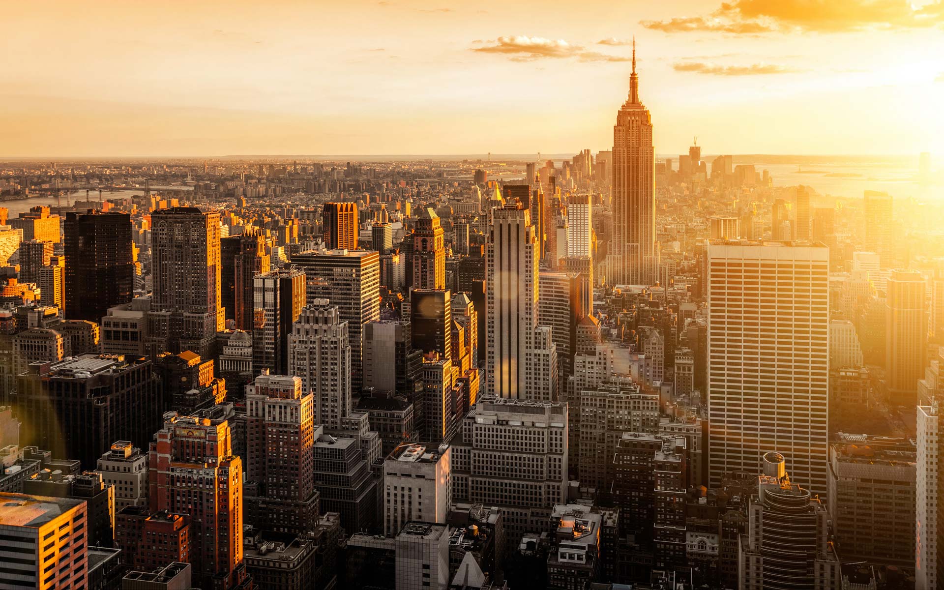 Aerial view of Midtown Manhattan at golden hour